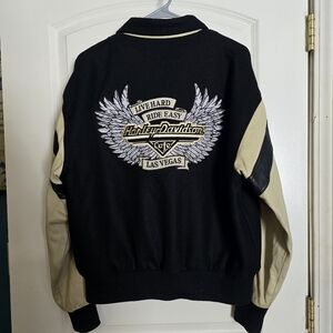 Vintage 90s Harley Davidson Cafe Leather Letterman Jacket Black/tan Size Medium
